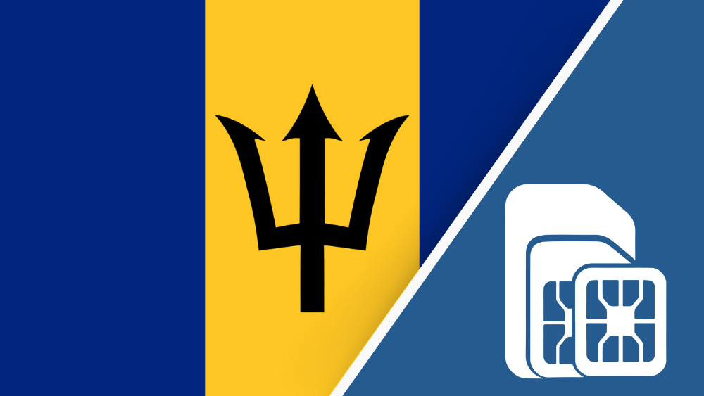Barbados SIM Card – Travel connectivity for Barbados. Image featuring the Barbados flag and a SIM card icon.