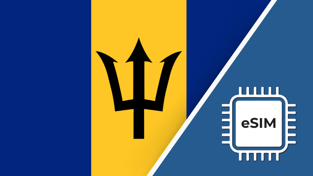 Barbados eSIM – Travel connectivity for Barbados. Image featuring the Barbados flag and an eSIMicon.