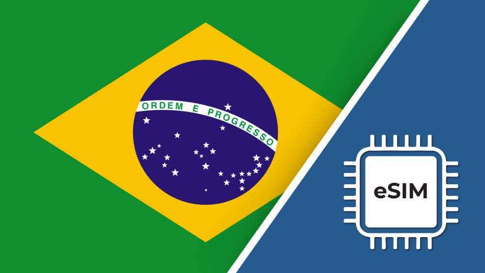 Brazil eSIM – Travel connectivity for Brazil. Image featuring the Brazilian flag and an eSIM icon.