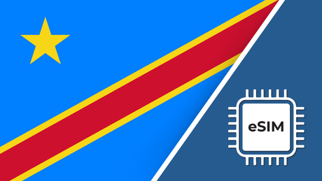 Congo eSIM – Travel connectivity for the Democratic Republic of Congo. Image featuring the Congolese flag and an eSIM icon.