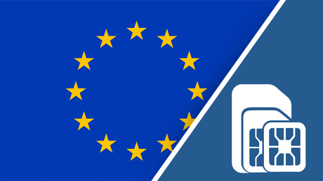 Europe SIM Card – Travel connectivity for Europe. Image featuring the European flag and a SIM card icon.