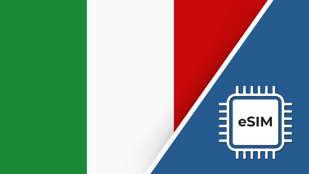 eSIM – Travel connectivity for Italy. Image featuring the Italy flag and an eSIM icon.