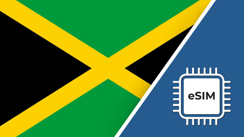 Jamaica eSIM – Travel connectivity for Jamaica. Image featuring the Jamaican flag and an eSIM icon