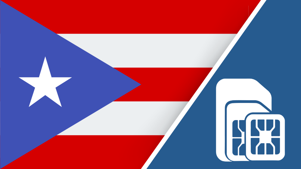 Travel connectivity for Puerto Rico. Image featuring the Puerto Rico flag and and SIM card icon.
