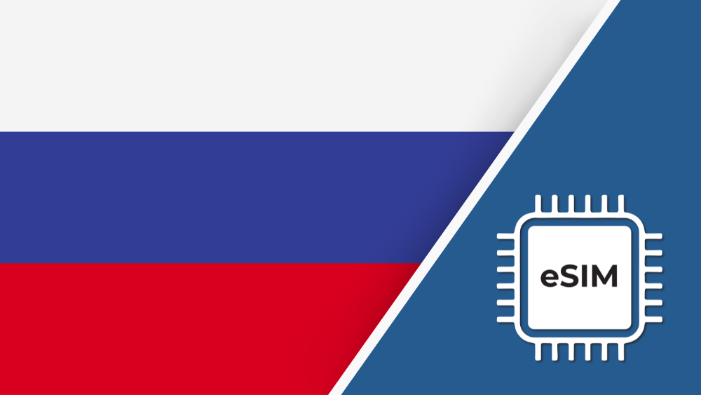 Russia eSIM – Travel connectivity for Russia. Image featuring the Russian flag and an eSIM icon.