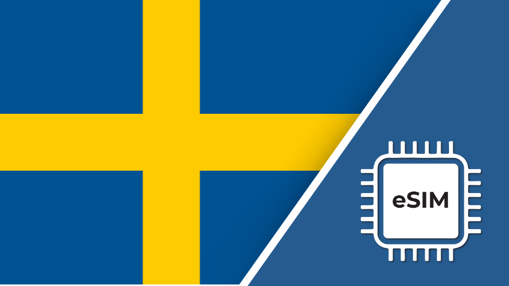 Sweden eSIM – Travel connectivity for Sweden. Image featuring the Swedish flag and an eSIM icon.