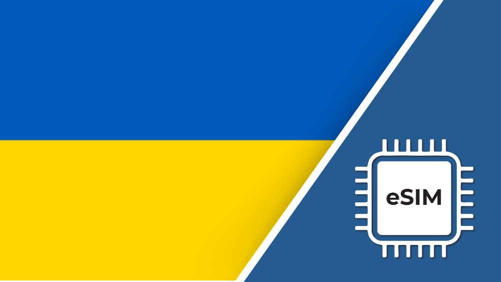 eSIM – Travel connectivity for Ukraine. Image featuring the Ukraine flag and an eSIM icon.