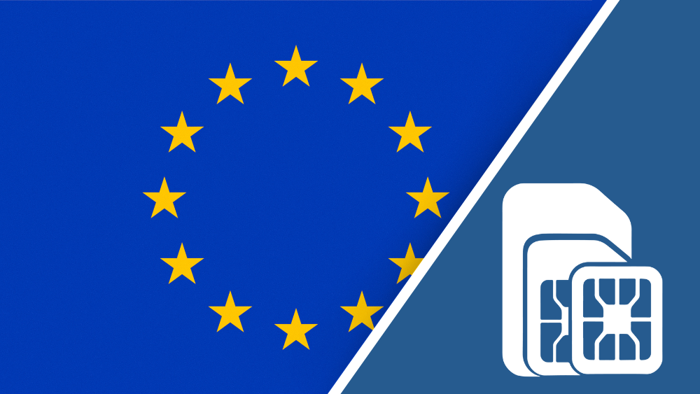 Europe SIM Card – Travel connectivity for Europe. Image featuring the European flag and a SIM card icon.
 