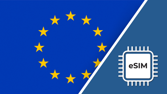 Europe eSIM – Travel connectivity for Europe. Image featuring the European flag and an eSIM icon.