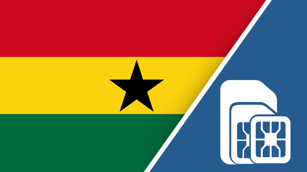 Ghana SIM Card – Travel connectivity for Ghana. Image featuring the Ghana flag and a SIM card icon.
 