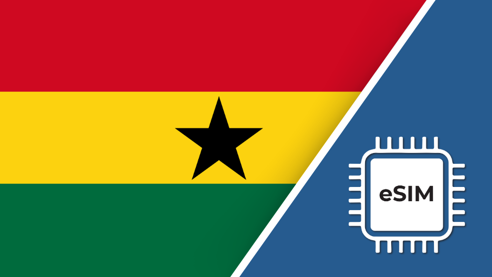Ghana eSIM – Travel connectivity for Ghana. Image featuring the Ghana flag and an eSIM icon.
 