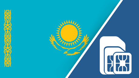 Kazakhstan SIM Card – Travel connectivity for Kazakhstan. Image featuring the Kazakhstan flag and a SIM card icon.